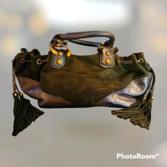 Vtg FRANCESCO BIASIA 1980s Split Suede Leather Metallic Hobo Tote Bag - Picture 1 of 12